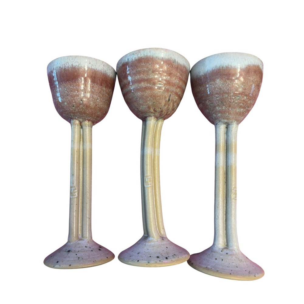 Studio Pottery Wine Goblets Set of 3 Pink Drip Glaze Double Stem Cottagecore OS
